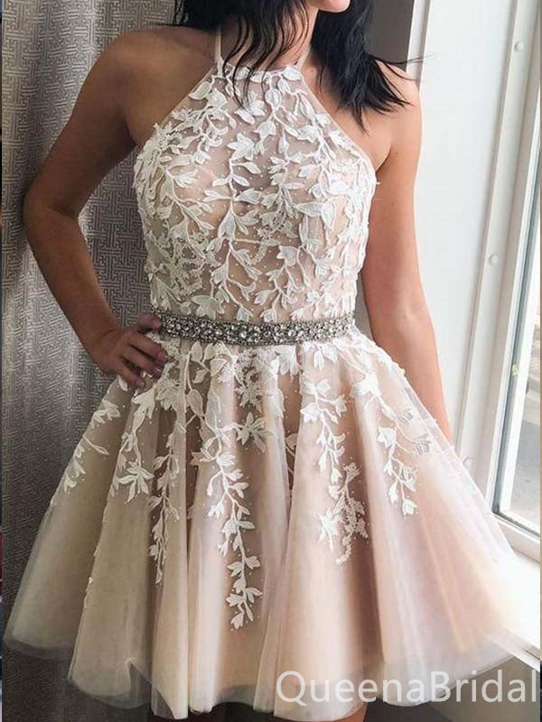 Gorgeous Elegant Halter Lace Appliques A-line Beading Short Homecoming Dresses with Pleats, QB0614