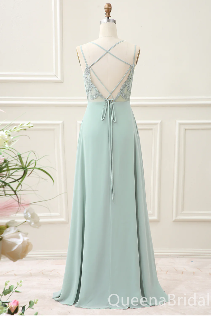 Green Spaghetti Straps A-line Lace Appliques Lace Up Back Evening Gown Maxi Long Evening Party Prom Dresses ,WGP1189