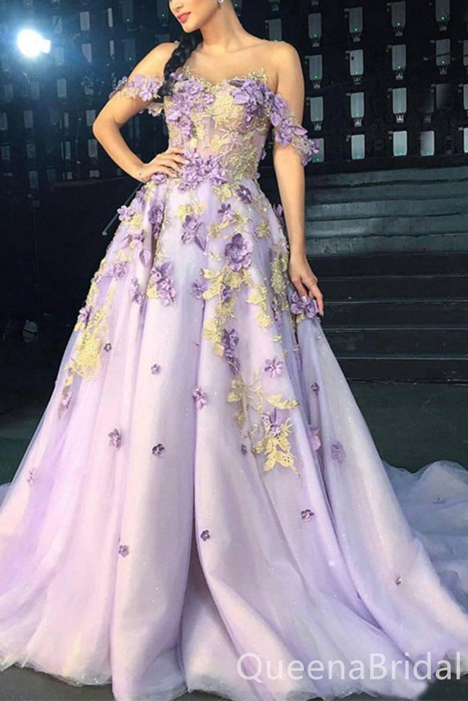 Lilac Flower Appliques A-line Off-the-shoulder Evening Gown Long Evening Party Prom Dresses,WGP1233