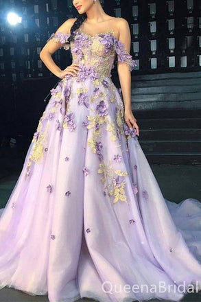 Lilac Flower Appliques A-line Off-the-shoulder Evening Gown Long Evening Party Prom Dresses,WGP1233