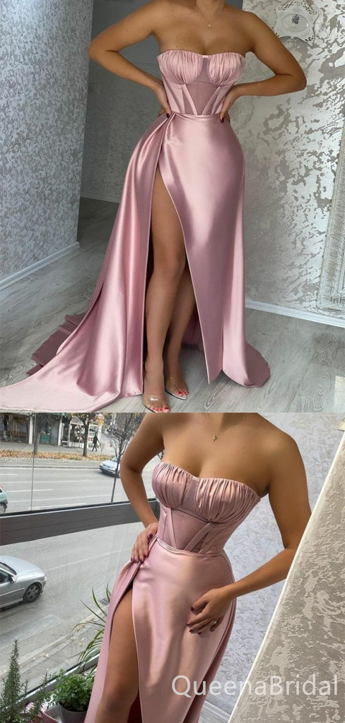 Sexy Strapless High Slit Evening Gown Long Prom Dresses with Pleats,WGP669