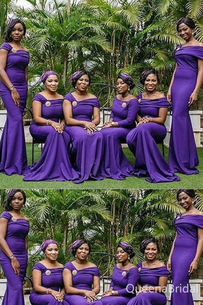 Purple Off Shoulder Mermaid Long Bridesmaid Dresses , BDS0187