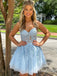 Sexy Cute A-Line Blue Lace Appliques Tulle Short Homecoming Dresses , QB0553