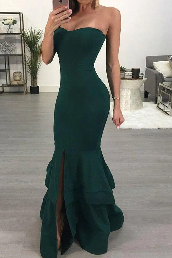 Dark Green Mermaid Strapless With Split Maxi Long Party Prom Dresses,WGP326