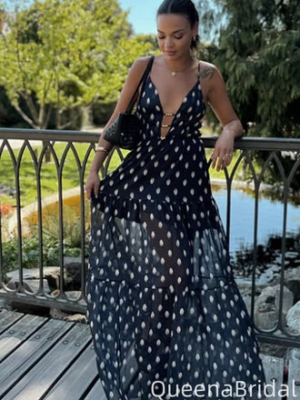 Casual Spaghetti Strap V-neck A-line Long Prom Dress Ideas, Evening Party Dresses,WGP2090