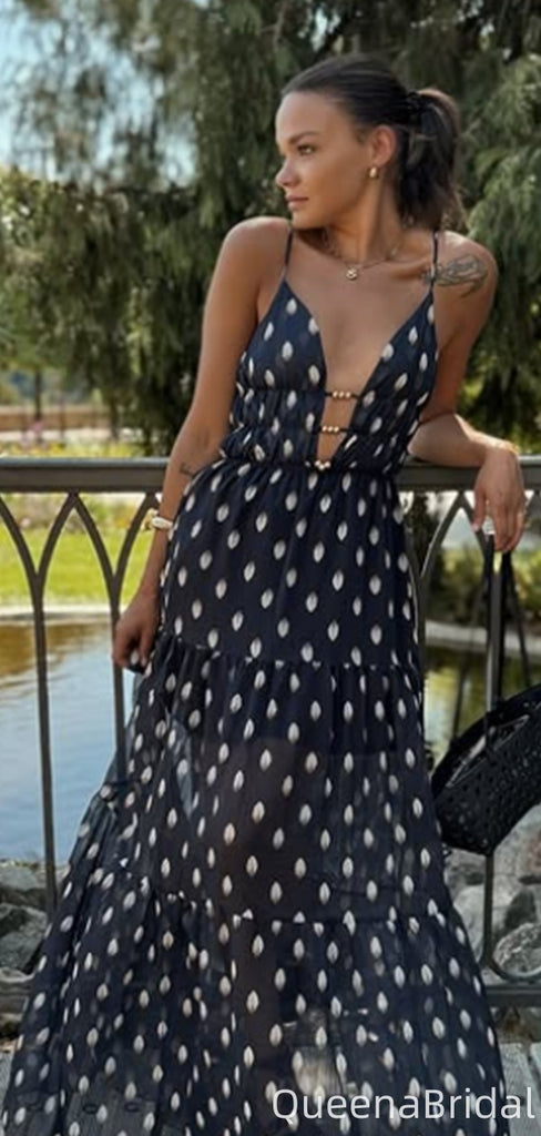 Casual Spaghetti Strap V-neck A-line Long Prom Dress Ideas, Evening Party Dresses,WGP2090