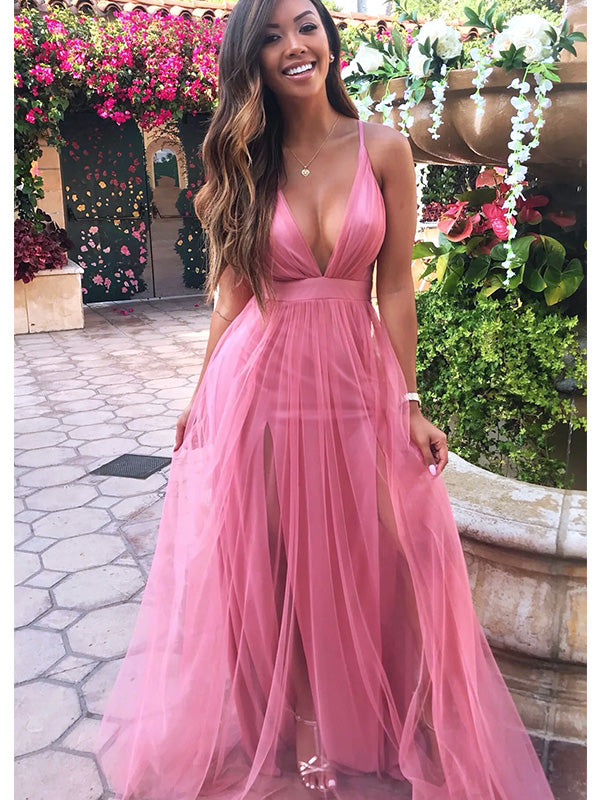 Sexy Pink V Neck Spaghetti Straps Strapless V Neck A-Line Long Evening – QueenaBridal