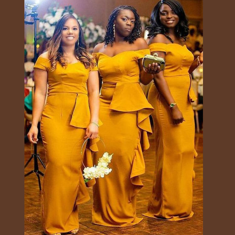 Yellow Off Shoulder Mermaid Long Bridesmaid Dresses ,BDS0213