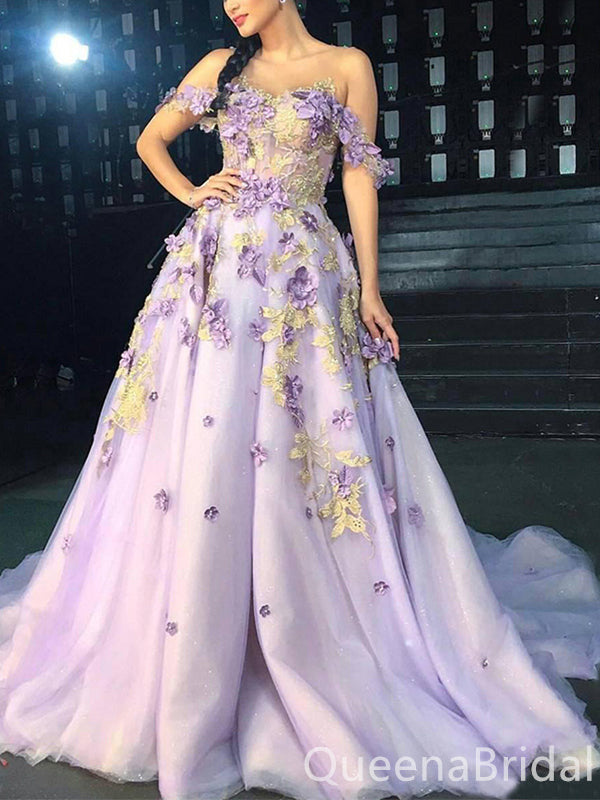 Lilac Flower Appliques A-line Off-the-shoulder Evening Gown Long Evening Party Prom Dresses,WGP1233