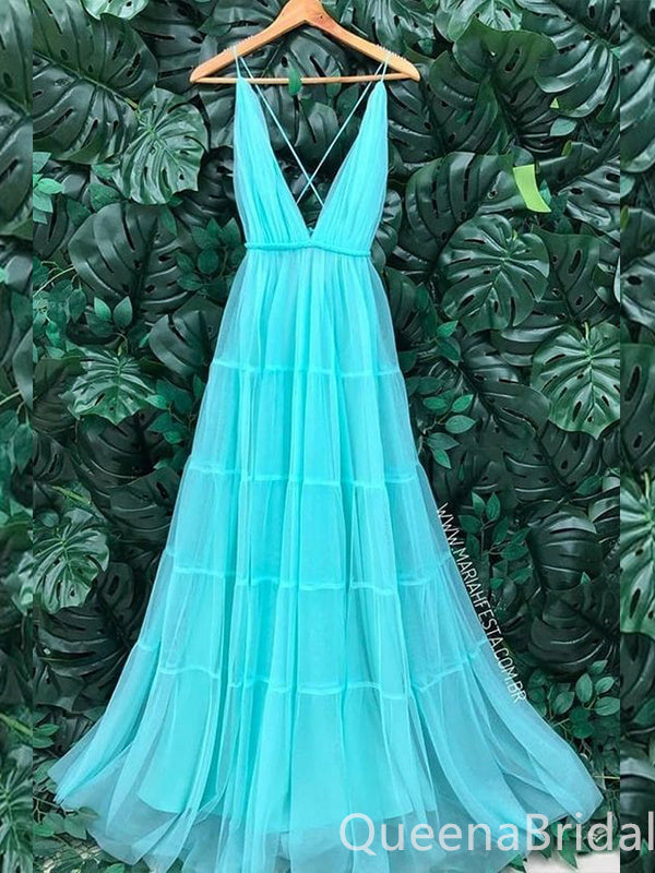 Elegant Blue V Neck A-line Party Dress Long Prom Dresses to Impress ,WGP1612