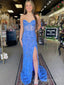 Elegant Blue Mermaid Lace Up Back Side Slit Beading Sequin Long Prom Dresses,WGP450