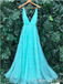 Elegant Blue V Neck A-line Party Dress Long Prom Dresses to Impress ,WGP1612