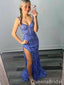 Sexy Royal Blue Spaghetti Strap Side Slit Sequin Mermaid Long Prom Dresses,WGP425