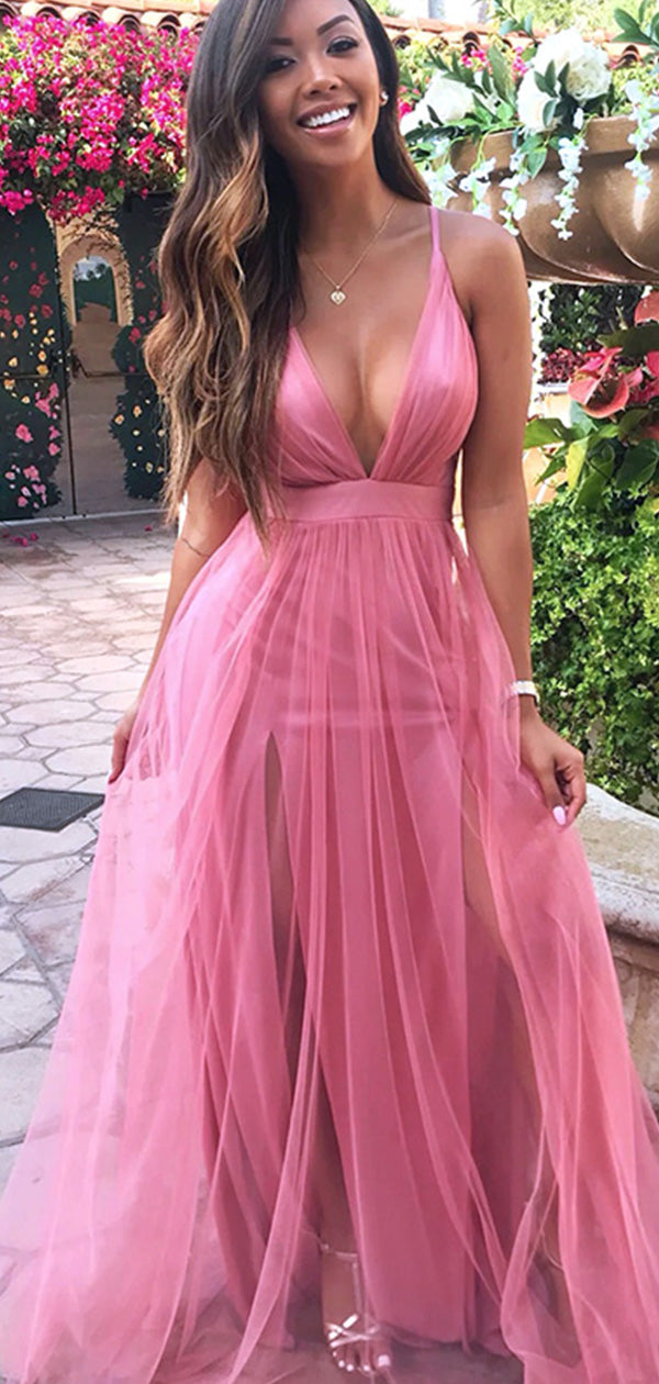 Sexy Pink V Neck Spaghetti Straps Strapless V Neck A-Line Long Evening QueenaBridal Sexy Pink V Neck Spaghetti Straps Strapless V Neck A-Line Long Evening QueenaBridal