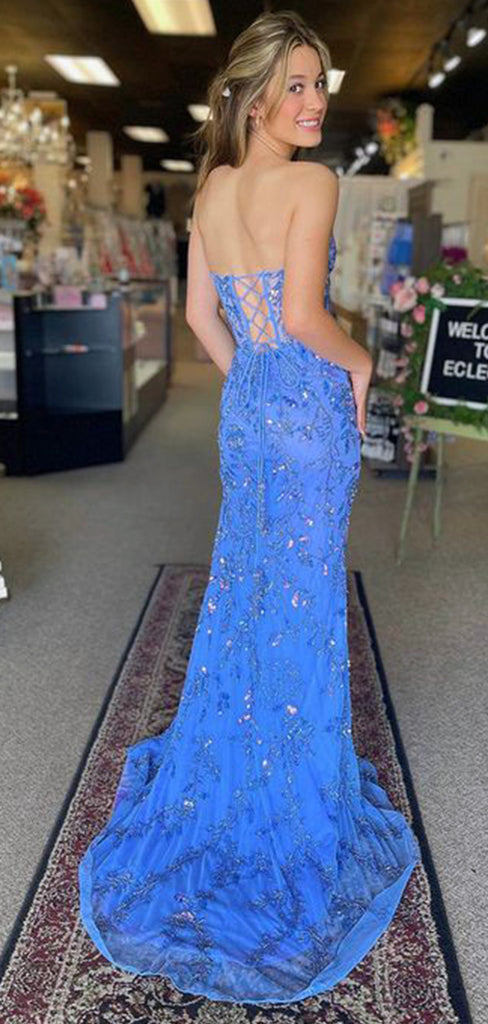 Elegant Blue Mermaid Lace Up Back Side Slit Beading Sequin Long Prom Dresses,WGP450