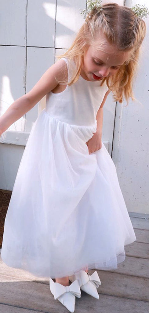 Simple Square White A- Line Sleeveless Tulle Cheap Long Flower Girl Dresses, FGS0028