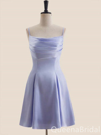 Elegant Light Purple Spaghetti Straps Straight Neck A-line Bow knot Lace Up Back Short Homecoming Dresses ,QB0659