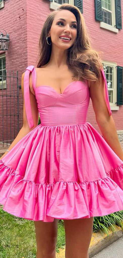 Elegant Pink Spaghetti Straps Ruffles Simple Cheap A-Line Short Homecoming Dresses, QB0522