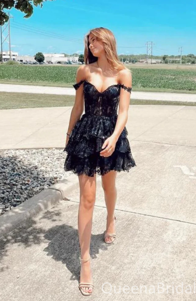 Sexy Off-the-Shoulder Black Plunging Lace Appliques A-line Short Homecoming Dresses with Ruffles, QB0607