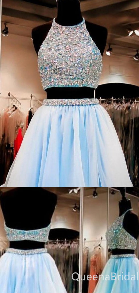 Two Pieces Blue Beaded O-neck A-line Graduation Party Short Homecoming Dresses,QB0746