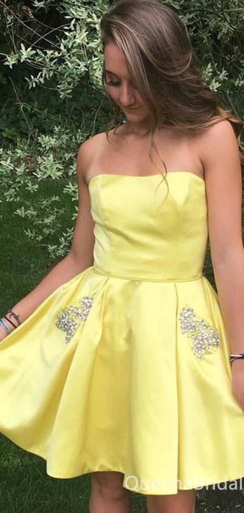 Sexy Yellow Beaded Straight Neck Strapless Charming Short Homecoming Dresses  ,QB0645