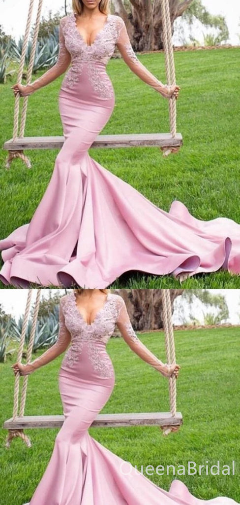 Charming Elegant Deep V-neck Lace Appliques Long Sleeves Pink Evening Gown Long Prom Dresses with Ruffles,WGP740