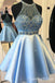 Elegant Illusion Halter Blue Beaded Graduation Party Short Homecoming Dresses Formal Evening Party Dresses, QB0822