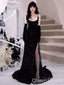 Elegant Black Sweetheart Spaghetti Straps Sequins Lace Side Slit Mermaid Prom Dresses ,WGP393