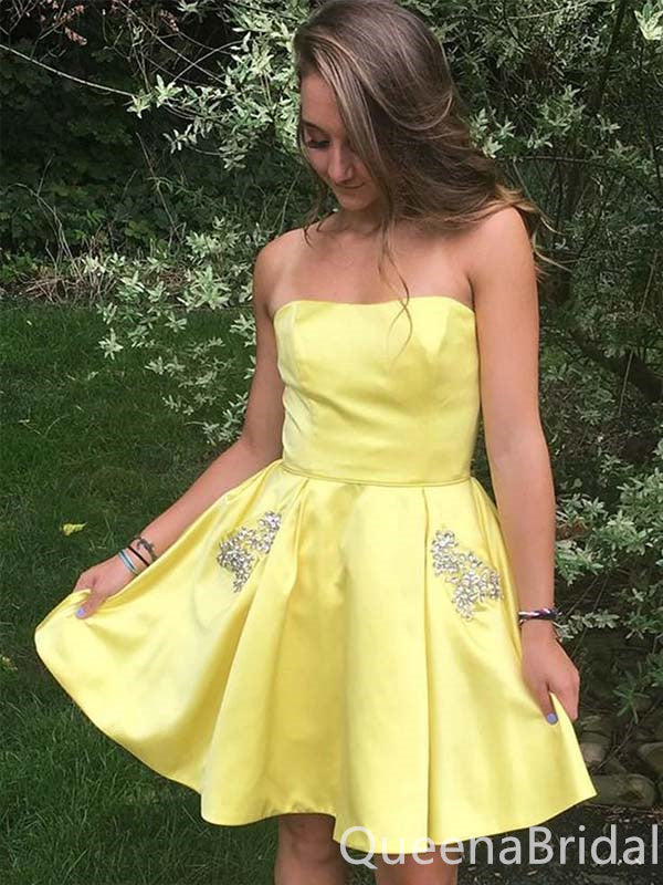 Sexy Yellow Beaded Straight Neck Strapless Charming Short Homecoming Dresses  ,QB0645