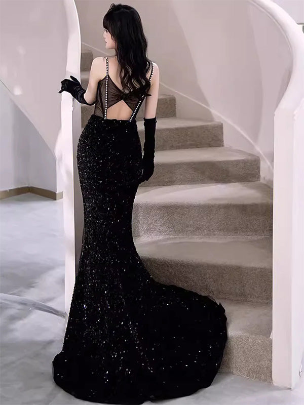 Elegant Black Sweetheart Spaghetti Straps Sequins Lace Side Slit Mermaid Prom Dresses ,WGP393