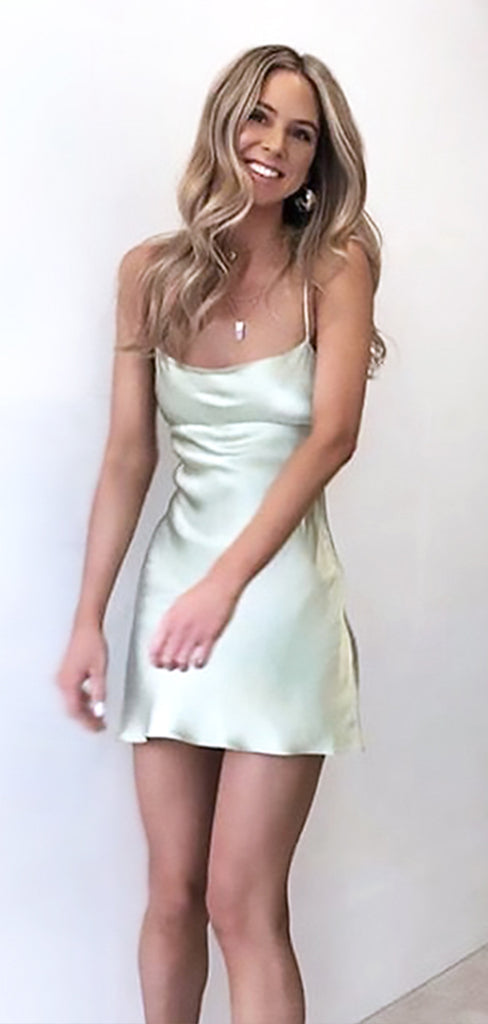 Elegant Light Green Spaghetti Straps Soft Satin Simple Cheap Short Homecoming Dresses, QB0440