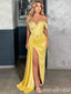 Yellow Mermaid Beaded Off-the-shoulder Evening Gown Long Evening Party Prom Dresses with Slit,WGP1234