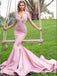 Charming Elegant Deep V-neck Lace Appliques Long Sleeves Pink Evening Gown Long Prom Dresses with Ruffles,WGP740