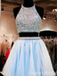 Two Pieces Blue Beaded O-neck A-line Graduation Party Short Homecoming Dresses,QB0746