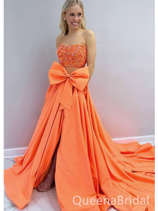 Sexy Bright Orange Sequin Strapless Side Slit Mermaid Long Evening Prom Dresses,WGP500