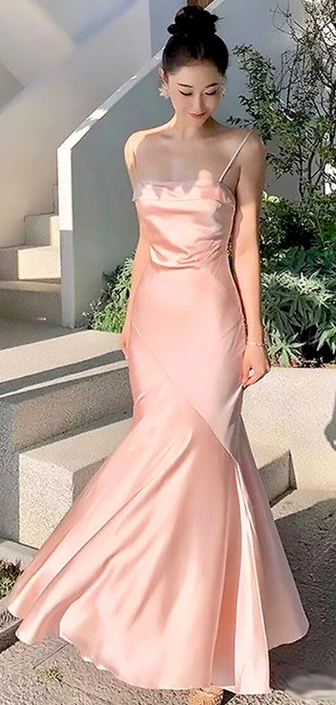 Elegant Light Pink Spaghetti Straps Elastic Satin Mermaid Sleeveless Cheap Simple Evening Prom Dresses,WGP530