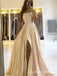 Sexy Champagne Simple Elegant Spaghetti Straps Side Slit Straight Neck A-line Evening Gown Long Prom Dresses ,WGP684