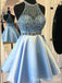 Elegant Illusion Halter Blue Beaded Graduation Party Short Homecoming Dresses Formal Evening Party Dresses, QB0822