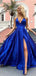 Sexy Blue Slit Side A-line Halter Long Evening Gown Prom Dresses,WGP537