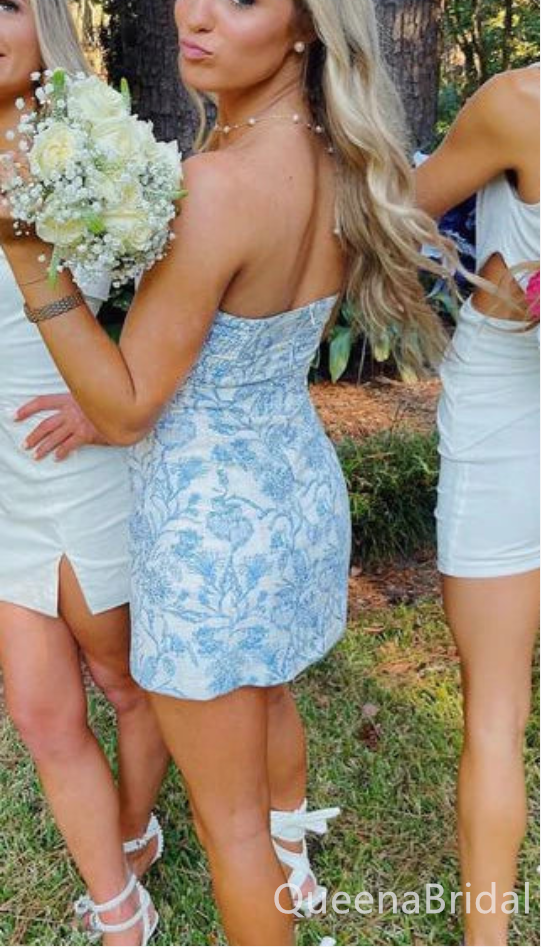 White and Blue Embroidery Backless Strapless Mermaid Graduation Party Short Homecoming Dresses ,QB0713