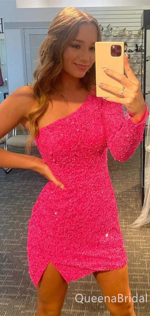 Mermaid One Shoulder Single Long Sleeve Sparkle Pink Tight Graduation Party Short Homecoming Dresses ,QB0732