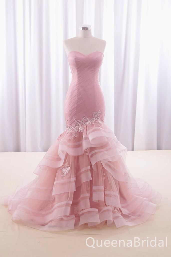 Elegant Light Pink Strapless Lace Appliques Ruffles Mermaid Party Dress Long Prom Dresses to Impress ,WGP1463