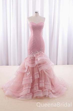 Elegant Light Pink Strapless Lace Appliques Ruffles Mermaid Party Dress Long Prom Dresses to Impress ,WGP1463