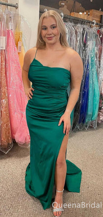 Sexy Green Single Spaghetti Straps Evening Gown Maxi Long Formal Dresses Prom Dresses with High Slit ,WGP872