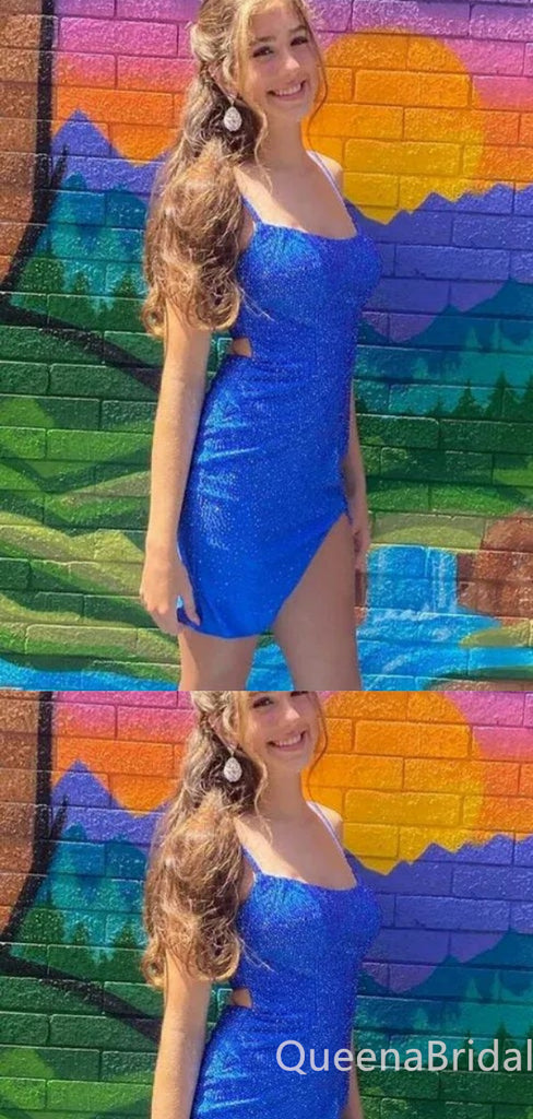 Sexy Blue Sparkle Asymmetrical Spaghetti Straps Mermaid Graduation Party Homecoming Dresses,QB0677