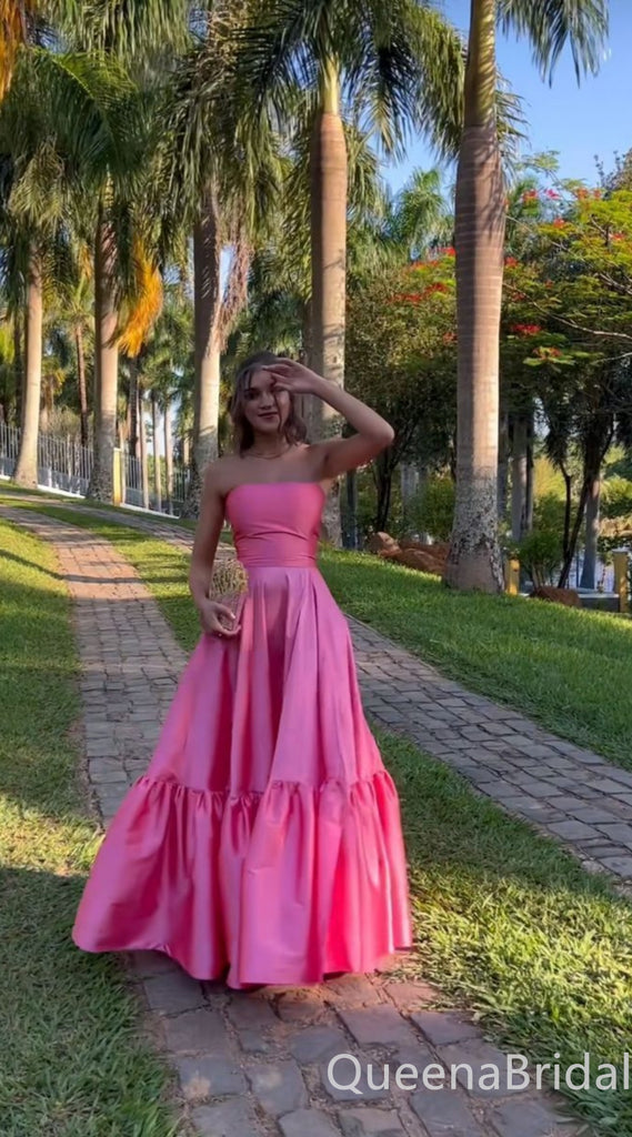 Elegant Pink Strapless Straight Neck  A-line Party Dress Long Prom Dresses to Impress ,WGP1614