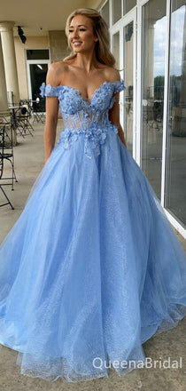 Sexy Off-the-Shoulder Sweetheart Floral Appliques Tulle A-line Evening Gown Long Prom Dresses ,WGP685