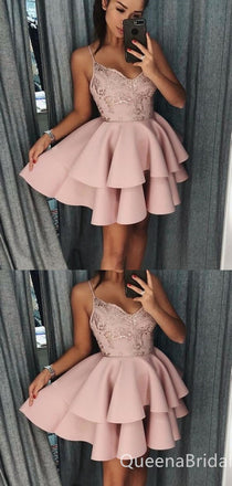 Sexy Spaghetti Straps Pink Lace Appliques A-line Short Homecoming Dresses with Ruffles, QB0608