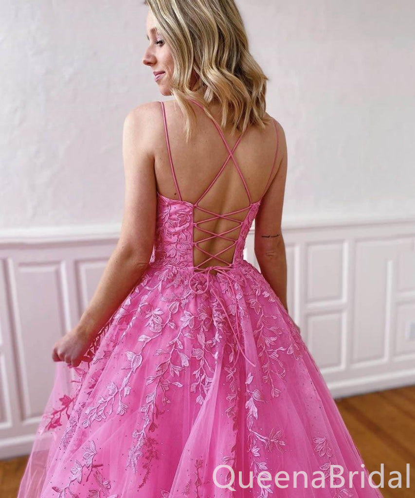 Gorgeous Spaghetti Straps Lace up Back Lace Appliques A-line Long Party Dress Prom Dresses ,WGP1814