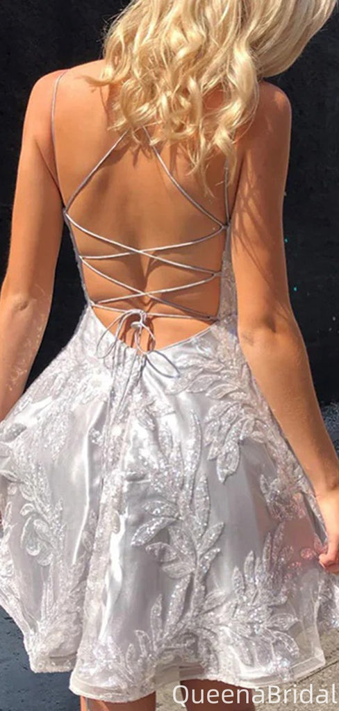 Elegant Spaghetti Strap V-neck A-line Short Mini Homecoming Dress,QB1023